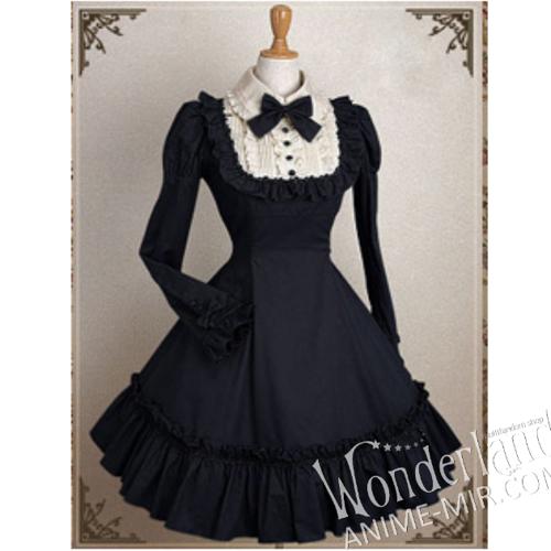 Лолитное чёрное платье горничной в стиле ретро, с бантом, с длинными рукавами